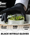 Top Shelf Black Nitrile Gloves With Five Mil Protection For Kitchen And Garage Grind Featuring Latex Free Food Safe Materials And No Sweat Extra Large Fit Great For Hustlers And Messy Cleanups Box Of One Hundred Disposable Covers used for food presentation with herbs.