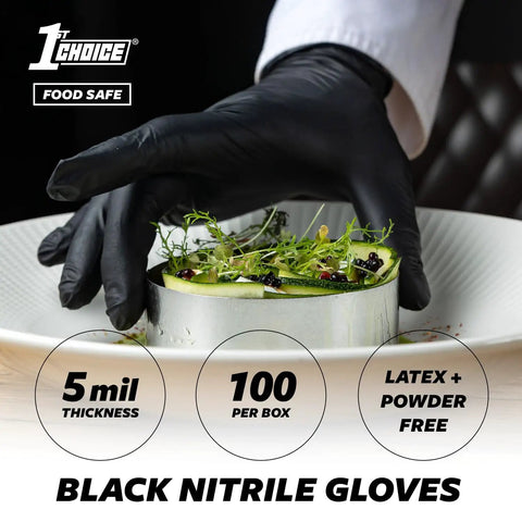 Top Shelf Black Nitrile Gloves With Five Mil Protection For Kitchen And Garage Grind Featuring Latex Free Food Safe Materials And No Sweat Extra Large Fit Great For Hustlers And Messy Cleanups Box Of One Hundred Disposable Covers used for food presentation with herbs.