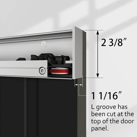 36X84 Inch Black Wood Sliding Barn Door With Concealed Tracks And Soft Close Hardware Kit detailed close-up of rail and roller system