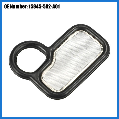 Honda CR V Solenoid Gasket Kit With Spool Valve Filter Screen Replacement, OE 15845-5A2-A01, black rubber and silver mesh.