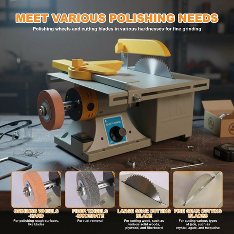 All In One Lapidary And Jewelry Polisher With 0 To 10000 RPM Benchtop Grinder showcasing 3 inch abrasive fiber wheels and saw blades.