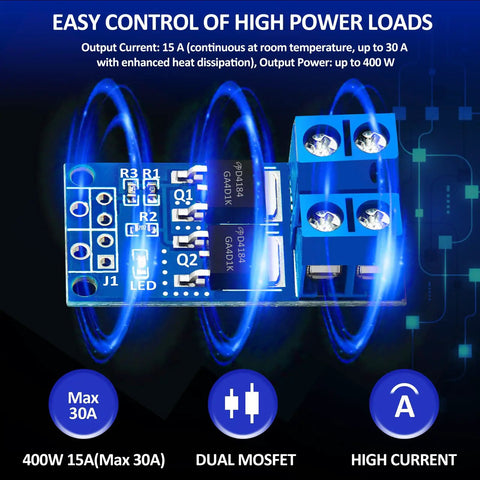 Dual High Power MOSFET Trigger Switch Drive Module For DC Motors And Lighting 5 To 36V Range with blue PCB and terminals