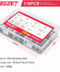 176-piece 304 stainless steel bolts and nuts assortment kit in a clear plastic case