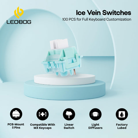 LEOBOG Ice Vein 100 Pack 42gf Linear Keyboard Switches Pre Lubed 5 Pin Switch With POM Stem Light Diffuser For Mechanical Gaming Keyboards Compatible With MX Keycaps, mint switch on display