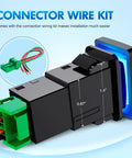 Flux Capacitor Push Button Switch 12V LED SPST with wire kit, detail of connector and dimensions, for Toyota models