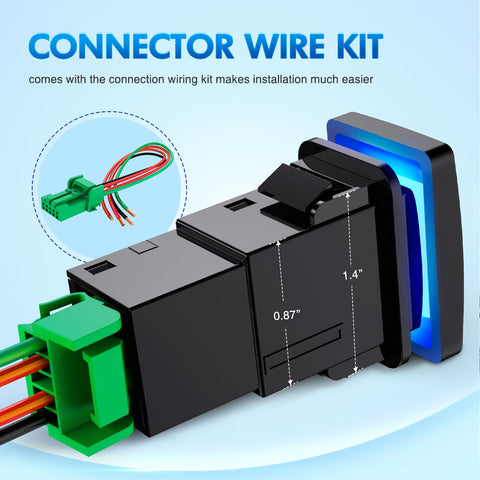 Flux Capacitor Push Button Switch 12V LED SPST with wire kit, detail of connector and dimensions, for Toyota models