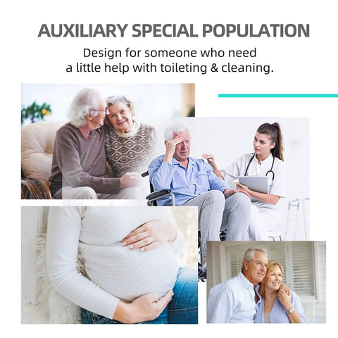 Collage of elderly and pregnant people benefiting from Long Reach Toilet Aid For Easy Wiping Extends Your Reach Over 15 Inches