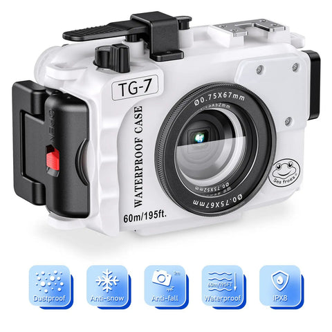 Epic Underwater Camera Housing For Olympus TG7 With Red Filter IPX8 Waterproof To 60 Meters 197 Feet Depth Rated Protective Case In White