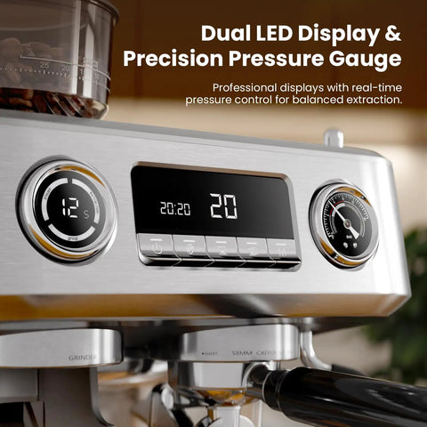 Professional Dual Boiler Espresso Machine With Integrated Grinder And Auto Milk Steamer Delivering Real Deal 20 Bar Pressure For Your Ultimate Daily Grind Setup with dual LED display and pressure gauge.