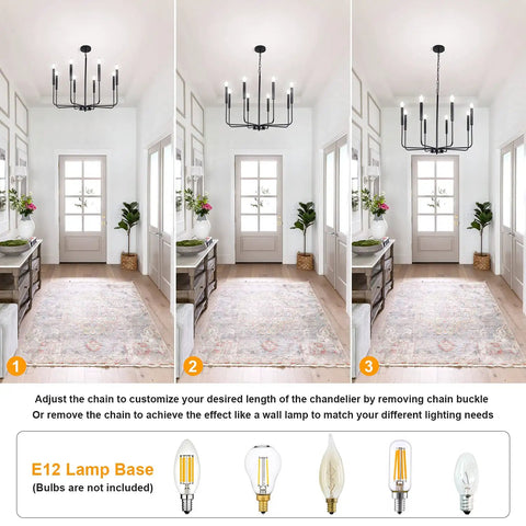 8 Light Matte Black Farmhouse Chandelier With Adjustable Height For Dining Room Living Room Kitchen Island And Bedroom, Classic Candle Stem Design, shown from various hanging heights, in a hallway setting.