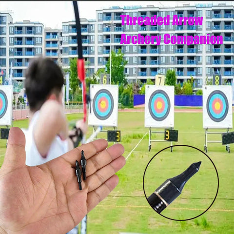 Pack Of 24 100 Grain Screw In Archery Field Points for target practice, arrow points in hand near targets, great for bows