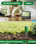 Expandable Twelve Zone Wireless Plant Monitor Kit With Indoor LCD Hub And TDR Four In One Plant Water Meter 230 Ft RF Range IPX5 Waterproof For Indoor Outdoor Garden Yard Farm Display Plus Two Probes showing LCD display indoor and sensor in soil outdoor