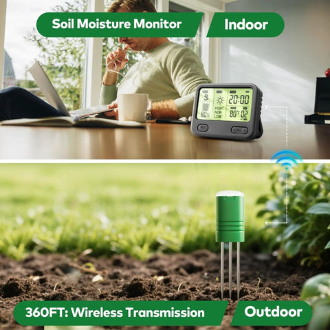 Expandable Twelve Zone Wireless Plant Monitor Kit With Indoor LCD Hub And TDR Four In One Plant Water Meter 230 Ft RF Range IPX5 Waterproof For Indoor Outdoor Garden Yard Farm Display Plus Two Probes showing LCD display indoor and sensor in soil outdoor