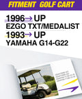 Direct OEM Fit Golf Cart Brake Assembly Kit compatibility for EZGO TXT Medalist 1996 and Yamaha G14-G22 1993 models displayed on book.