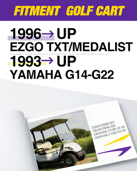 Direct OEM Fit Golf Cart Brake Assembly Kit compatibility for EZGO TXT Medalist 1996 and Yamaha G14-G22 1993 models displayed on book.