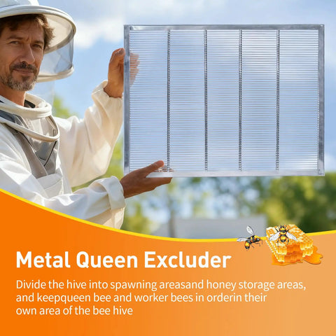 Beekeeper holding Two Pack Queen Excluder For 10 Frame Hives, Metal Beekeeping Excluder With Universal Fit, 20.11 By 16.22 Inches.