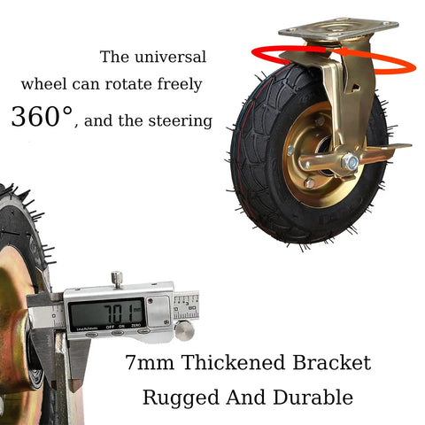 Heavy Duty Industrial Casters Pack Of 4 Lockable Swivel Wheels Double Ball Bearings Low Noise Non Slip Surface 1000 Lb Capacity close-up of a rugged caster wheel with 7mm thick bracket.
