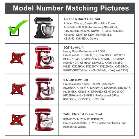 Model compatibility chart for Flex Edge Beater Attachment, 4.5-5 Quart Tilt-Head Mixers, not for bowl-lift models.