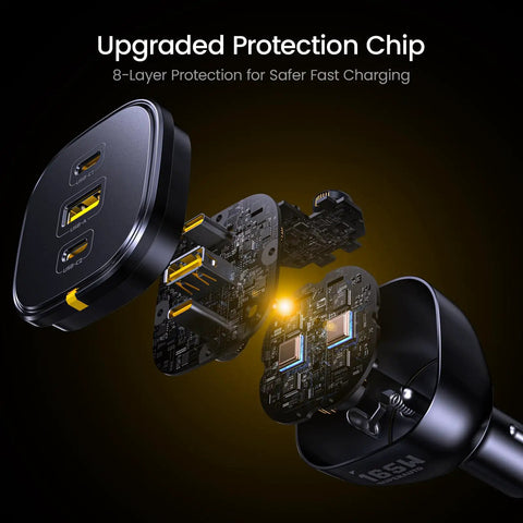 Straight Fire 165W USB C Car Charger PD 3.1 100W Quick Charge 5.0 showing internal upgraded protection chip and circuitry design.