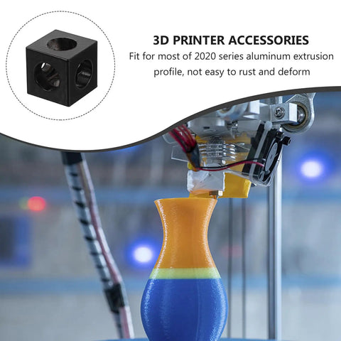 Four Pack Aluminum Extrusion Corner Brackets for 3D printer frames shown with 3D printer and multicolored vase.