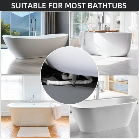 Flexible Bathtub Drain Pipe With Super Sleek Low Profile Flat 1 1/2 Inch P Trap Engineered For Zero Leak Hookups In Freestanding Tub Setups Complete With No Sweat Setup visible under various tub styles.