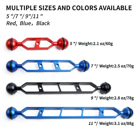 Beefy 11 Inch Underwater Aluminum Extension Arm Set With Dual Ball Heads, 1 Inch Connector in multiple sizes and colors