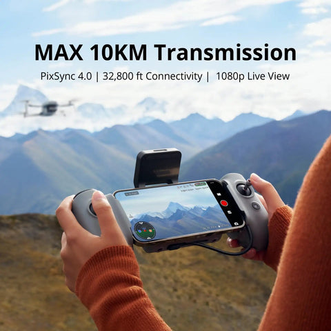 Remote control displaying live view from Ultra Lightweight Drone Under 249g With 4K Video And 8K Photos 3 Axis Gimbal 10 Km Transmission