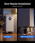 Top Shelf Heavy Duty 48V 314Ah LiFePO4 Battery With 300A Smart BMS And Bluetooth App Control for Solar Home Backup, wall-mount with caster wheels.
