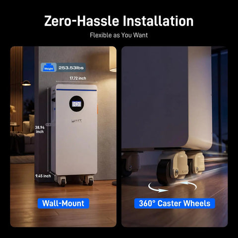 Top Shelf Heavy Duty 48V 314Ah LiFePO4 Battery With 300A Smart BMS And Bluetooth App Control for Solar Home Backup, wall-mount with caster wheels.