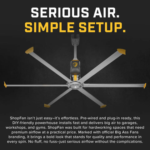 ShopFan 14 Ft HVLS Industrial Ceiling Fan For Commercial Spaces With Quiet Winglet Airfoils For Maximum Airflow Inline Helical Gear Drive