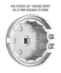 Close-up of 64.5 mm 14 Flute Oil Filter Wrench Cap Tool Fits 2.0 To 5.7L Engines with 3/8 inch drive opening, silver