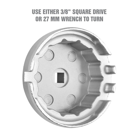 Close-up of 64.5 mm 14 Flute Oil Filter Wrench Cap Tool Fits 2.0 To 5.7L Engines with 3/8 inch drive opening, silver