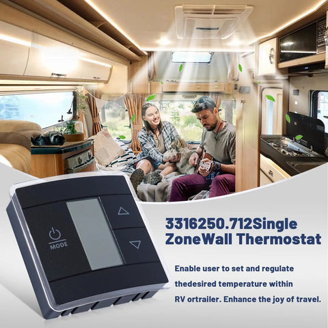RV Single Zone Wall Thermostat With Capacitive Touch Sensor for Dometic ACs and Furnaces, black with LCD, in RV interior