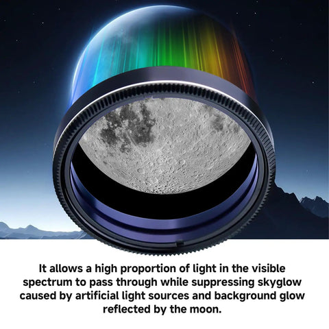 1.25 Inch Moon Filter for Telescopes showing lunar surface, crystal clear viewing, boosts contrast, cuts glare and light pollution