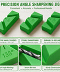 Top Grade Knockout Drill Bit Sharpening Jig Kit With Three Adjustable Angle Blocks For Bench Grinders And No Sweat Woodworking Tool Restoration Workflows Shop Side showing three green angle blocks for precise sharpening.