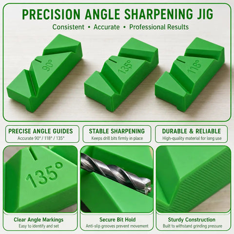 Top Grade Knockout Drill Bit Sharpening Jig Kit With Three Adjustable Angle Blocks For Bench Grinders And No Sweat Woodworking Tool Restoration Workflows Shop Side showing three green angle blocks for precise sharpening.