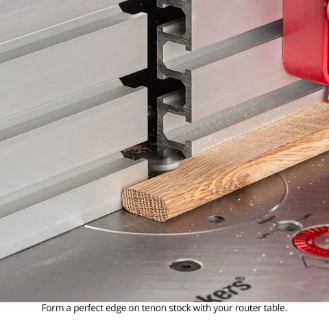 Router table shaping an oak piece with Premium Half Round Router Bit Set Delivering Heckuva Sharp Carbide Blades For Effortless Bullnose Shaping And Dead Reliable Loose Tenon Joinery Rock Solid One Half Inch Shank Carpenter Gear Made In Usa.