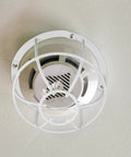 Built Damn Tough Fire Sprinkler Head Protector Wire Cage Guard For Ceiling Mount Installations shows white cage over sprinkler head.