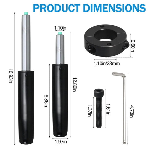 Heavy Duty Gas Lift Cylinder Replacement For Office And Gaming Chairs, Universal Fit Black Pneumatic Piston dimensions shown