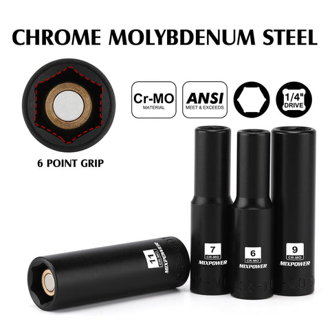 Deep Magnetic One Quarter Inch Drive Socket Set Six Point Metric CR-MO Steel showing 6-point grip design.