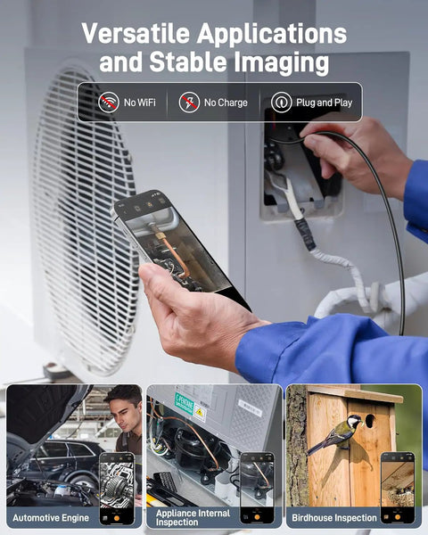 1920P Endoscope With Light Snakes Through Tight Spots Like A Pro used for HVAC inspection, automotive, appliances, and birdhouses.