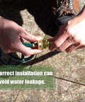 Person installing Three Foot Leader Hose For Garden Reels And Outdoor Faucets With Flexible PVC And Brass Fittings on patio