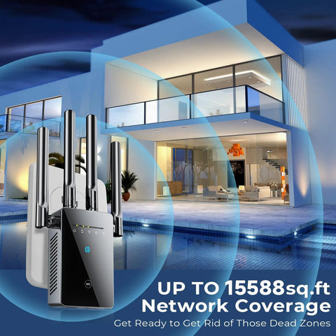 Image of the Best WiFi Extender and Signal Booster for Home, 6X Faster Internet, beside a modern house.