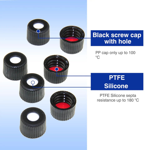 Solid Build 8Mm Screw Thread Hplc Vial Caps With Red Ptfec White Silicone Septa Deliver A No Hassle Leakproof Seal For 1 5 To 2 Ml Glass Autosampler Vials 100 Count Ready To Roll. Black screw caps with red PTFE septum for safe sample sealing.