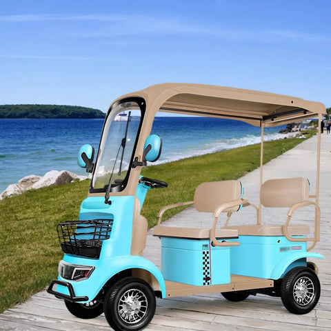 Cruise Comfortably With This Badass 4 Passenger Electric Golf Cart Packing A Roomy Cargo Trunk And Gutsy 800W Motor For Sick Weekend Rides Across Golf Trails Beaches Farms And Suburban Streets.
