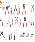 Sixteen Piece Hose Clamp Pliers Set for Automotive Repair with various pliers and tools, sizes labeled, for easy installation.