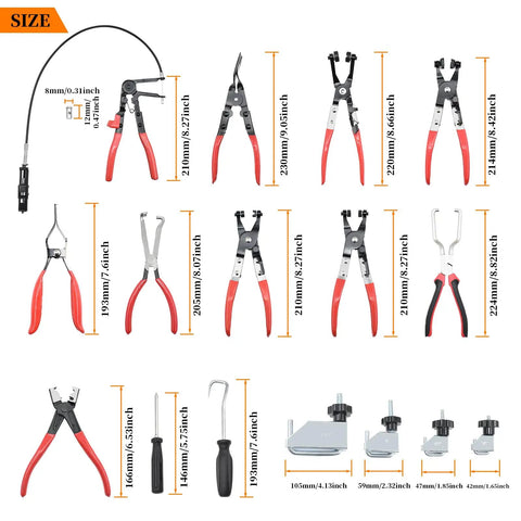 Sixteen Piece Hose Clamp Pliers Set for Automotive Repair with various pliers and tools, sizes labeled, for easy installation.