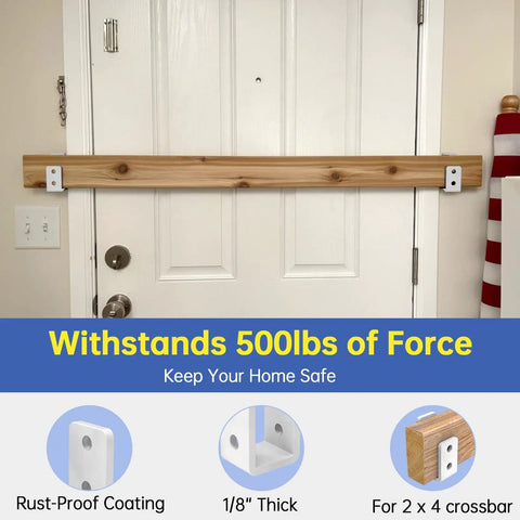 Built Tough Heavy Duty 2x4 Door Barricade Brackets U Shaped Security Brackets installed on wood door.