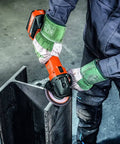 Compact 18V Brushless Cordless Angle Grinder With 125 MM Disc And Rock Solid Dust Resistant Design For Workhorse Cutting And Heavy Duty Grinding Tasks Tool Body Only in use on metal.
