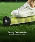 Shoe pressing on golf ball-filled tube, No Bending Over Golf Ball Retriever Tool 33 Inch Lightweight Aluminum Picker Upper Tube